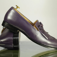 Handmade Men's Fringe Split Toe Shoes, Men's Purple Leather Tussles Shoes - Thumbnail 4