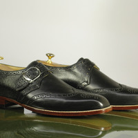 Handmade Men's Black Wing Tip Monk Shoes, Men's Leather Dress Shoes - Thumbnail 3
