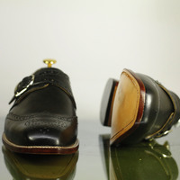 Handmade Men's Black Wing Tip Monk Shoes, Men's Leather Dress Shoes - Thumbnail 4
