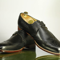 Handmade Men's Black Wing Tip Monk Shoes, Men's Leather Dress Shoes - Thumbnail 1