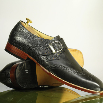 Handmade men's black wing tip monk shoes, men's leather dress shoes - Thumbnail 1