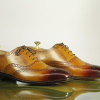 Handmade Men's Tan Wing Tip Brogues Shoes, Men's Leather Dress Shoes - Thumbnail 2
