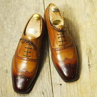 Handmade Men's Tan Wing Tip Brogues Shoes, Men's Leather Dress Shoes - Thumbnail 1