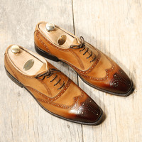 Handmade Men's Tan Wing Tip Brogues Shoes, Men's Leather Dress Shoes - Thumbnail 4