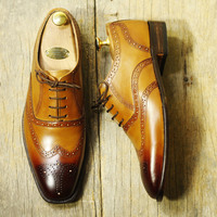 Handmade Men's Tan Wing Tip Brogues Shoes, Men's Leather Dress Shoes - Thumbnail 3