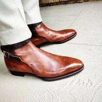 New Handmade Pure Tan Leather Ankle Strap Boots for Men's - Thumbnail 1