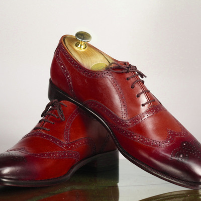 Handmade men's burgundy wing tip brogues shoes, men's leather dress shoes - Thumbnail 1