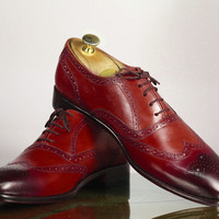 Handmade Men's Burgundy Wing Tip Brogues Shoes, Men's Leather Dress Shoes - Thumbnail 1