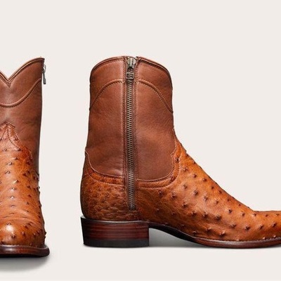 New handmade pure brown leather & brown ostrich leather cowboy boots for men's