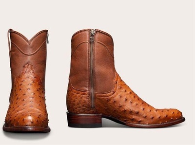 New Handmade Pure Brown Leather & Brown Ostrich Leather Cowboy Boots for Men's