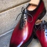 Pure Handmade Burgundy & Black Shaded Leather Lace up Shoes for Men's - Thumbnail 1
