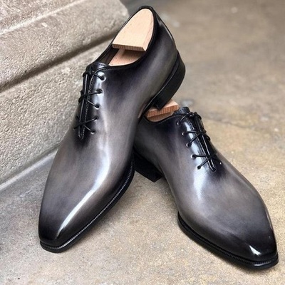 Pure handmade gray & black shaded leather lace up shoes for men's