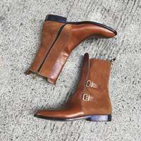 New Handmade Pure Brown Leather & Brown Suede Tow Buckle Side Zip Ankle Boots for Men's - Thumbnail 1