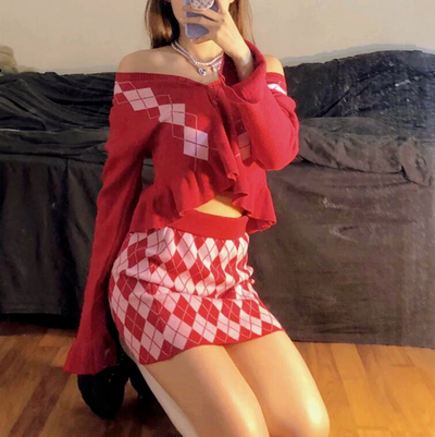 Red Diamond Checker Flouncing Knit Cardigan + Skirt Set
