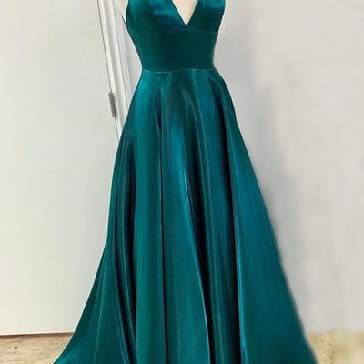 Sp1458,dark green spaghetti straps a-line satin full length prom dresses - Thumbnail 3