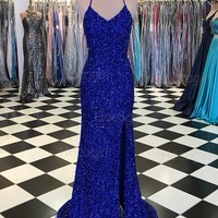 SP1459,Royal Blue Sequins Long Sexy Sparkly Prom Dress Gown Low Back Evening Dress - Thumbnail 1