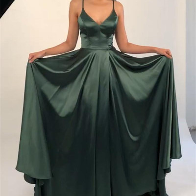 Sp1460,olivia green spaghetti straps v-neck satin a line evening dresses - Thumbnail 5