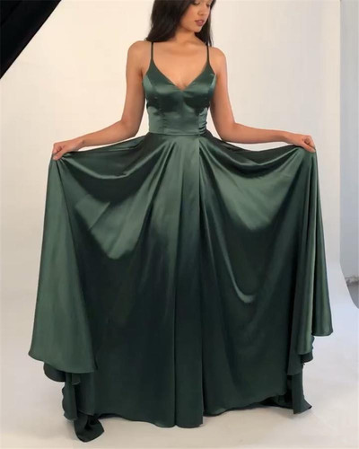 SP1460,Olivia Green Spaghetti Straps V-Neck Satin A line Evening Dresses