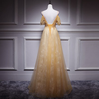 SP1463,Elegant Yellow Lace Applique Off the Shoulder Sheath Prom Dresses with Beaded - Thumbnail 1