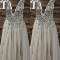 SP1465,Feminine Plunge V neck See Through Tulle Grey Prom Dress - Thumbnail 1