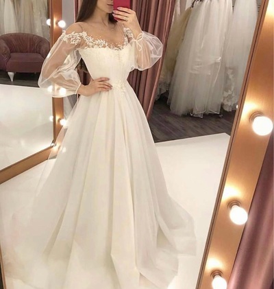 SP1466,White Bridal Dresses,Lace Wedding Gown,Bubble Sleeves Wedding Dresses,Ivory Elegant Wedding Gown