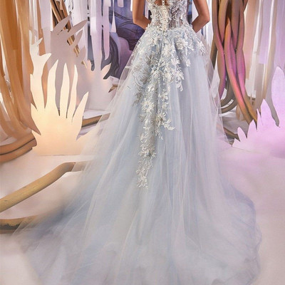 Sp1467,blue wedding dress lace , romantic wedding dress tulle bridal gown a line wedding dress dusty blue bridal dress royal any size plus size - Thumbnail 5