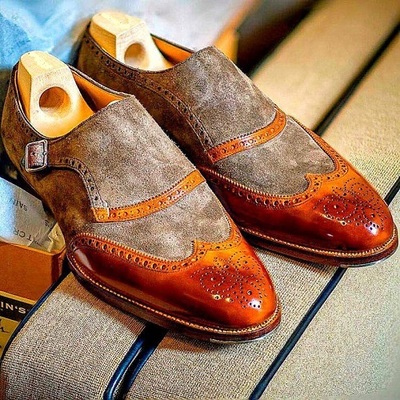 Pure Handmade Suede & Tan Shaded Leather Monk Strap Shoes for Men's
