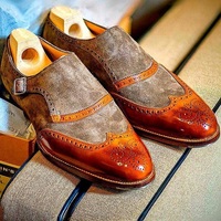 Pure Handmade Suede & Tan Shaded Leather Monk Strap Shoes for Men's - Thumbnail 4