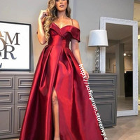SP1468,Red Off the Shoulder Spaghetti Straps A-line Prom Dresses - Thumbnail 1