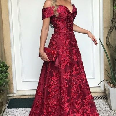 Sp1469,burgundy off the shoulder lace full length dark red elegant prom dresses - Thumbnail 5
