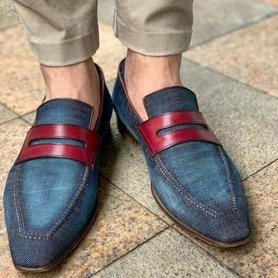 New handmade pure leather bule jeans loafer shoes for men's