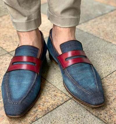 New Handmade Pure Leather Bule Jeans Loafer Shoes for Men's