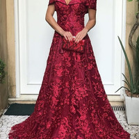 SP1469,Burgundy off the shoulder lace full length dark red elegant prom dresses - Thumbnail 2