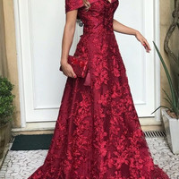 SP1469,Burgundy off the shoulder lace full length dark red elegant prom dresses - Thumbnail 3