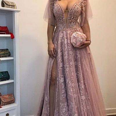 Sp1470,vestido pink lace deep v-neck long sheath prom dresses - Thumbnail 4