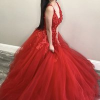 Cute A Line V Neck Open Back Red Tulle Prom Dresses with Appliques - Thumbnail 2