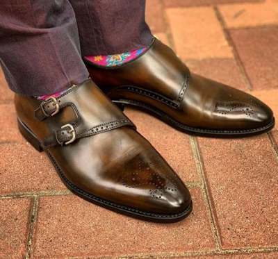 New Pure Handmade Brown Leather & Brown Shaded Monk Strap Shoes for Men's