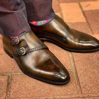 New Pure Handmade Brown Leather & Brown Shaded Monk Strap Shoes for Men's - Thumbnail 4