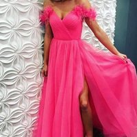 Sweet Cute A Line Off the Shoulder Fuchsia Tulle Slit Prom Dresses - Thumbnail 1
