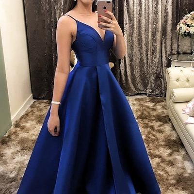 Sp1472,spaghetti straps royal blue a-line satin long prom dresses - Thumbnail 4