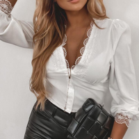 Lace Long Sleeve Solid Color Top - Thumbnail 2