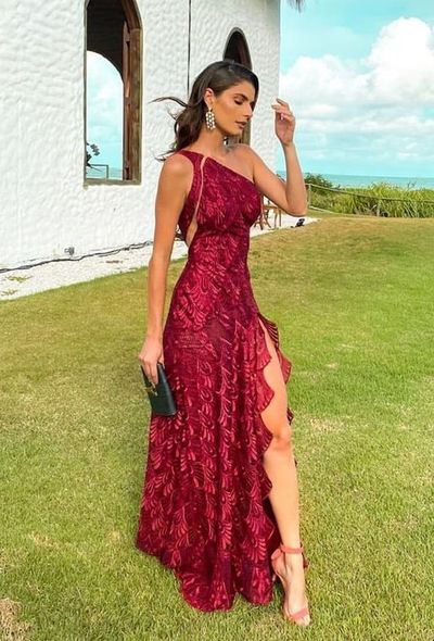 Elegant One Shoulder Red Lace Prom Evening Dresses with Slit