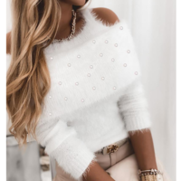 Solid Color Women'S Long Sleeve White Beaded Sweater - Thumbnail 1