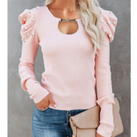 Solid Color Long Sleeve Puff Sleeve Shirt Top - Thumbnail 1