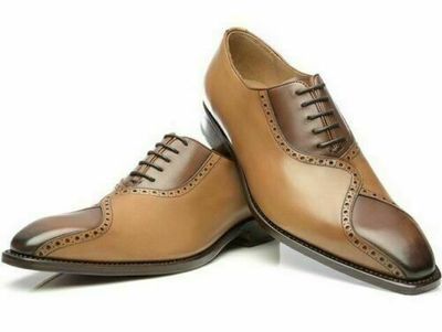 New Pure Handmade Tan & Brown Leather Lace up Brogue Shoes for Men's