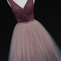 Shiny v neck tulle long prom gown formal dress - Thumbnail 1