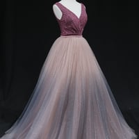 Shiny v neck tulle long prom gown formal dress - Thumbnail 2