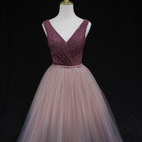 Shiny v neck tulle long prom gown formal dress - Thumbnail 4