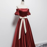Burgundy satin long prom dress evening dress - Thumbnail 7