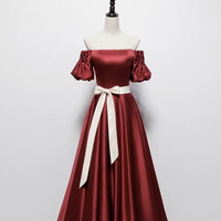 Burgundy satin long prom dress evening dress - Thumbnail 1
